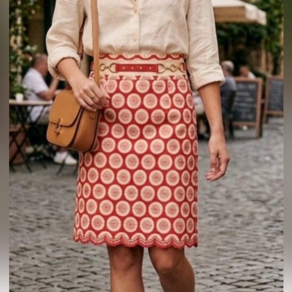 ANTONIO MELANI Red and Cream Circle-Print Pencil Skirt